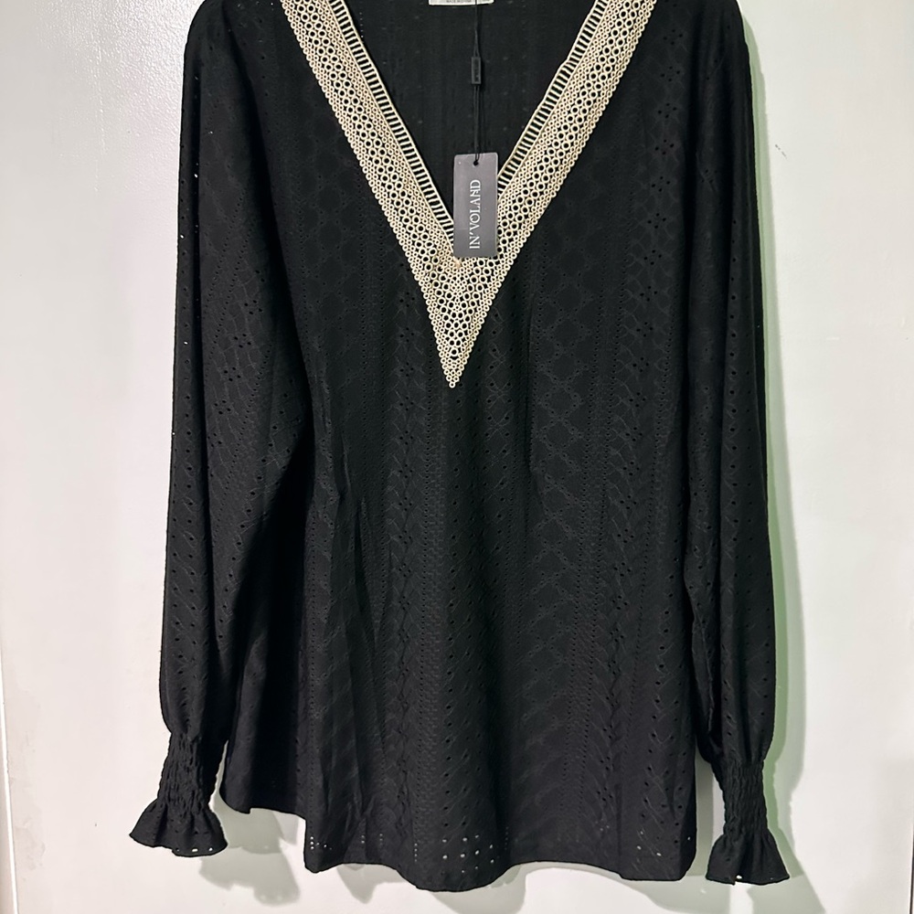 NWT  Black Blouse with Lace Trim